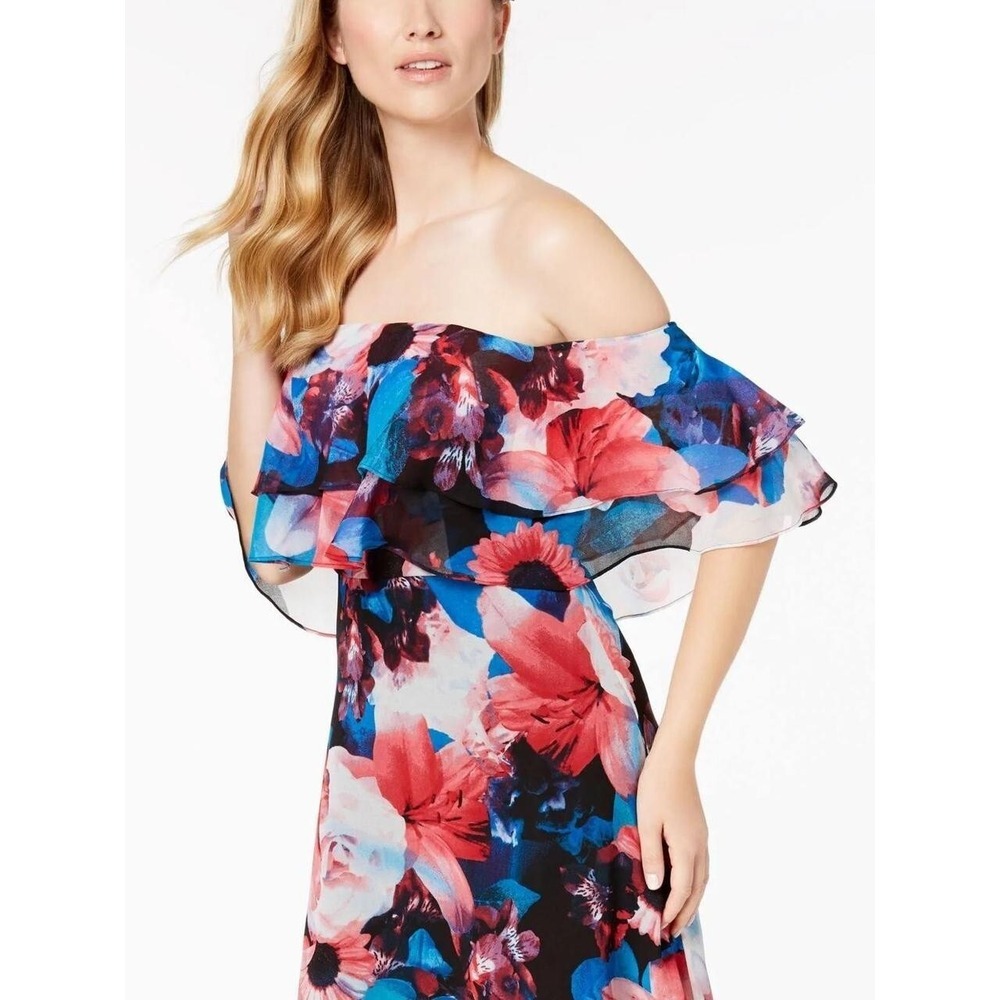 Calvin Klein Womens Off-The-Shoulder Multicolor Floral Flounce Size 6 Dress NEW